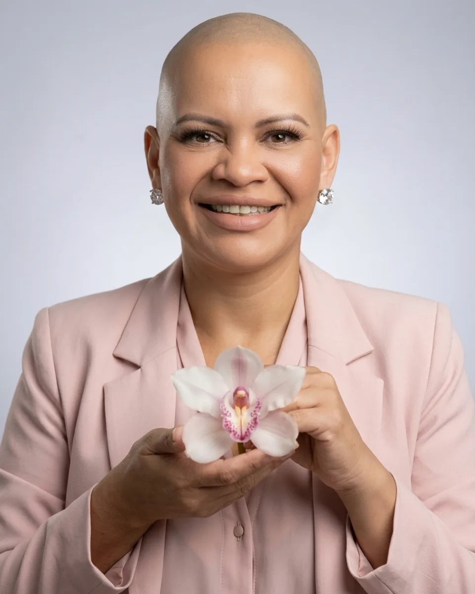 Isis dos Santos, psicóloga, de blazer rosa, segurando uma orquídea